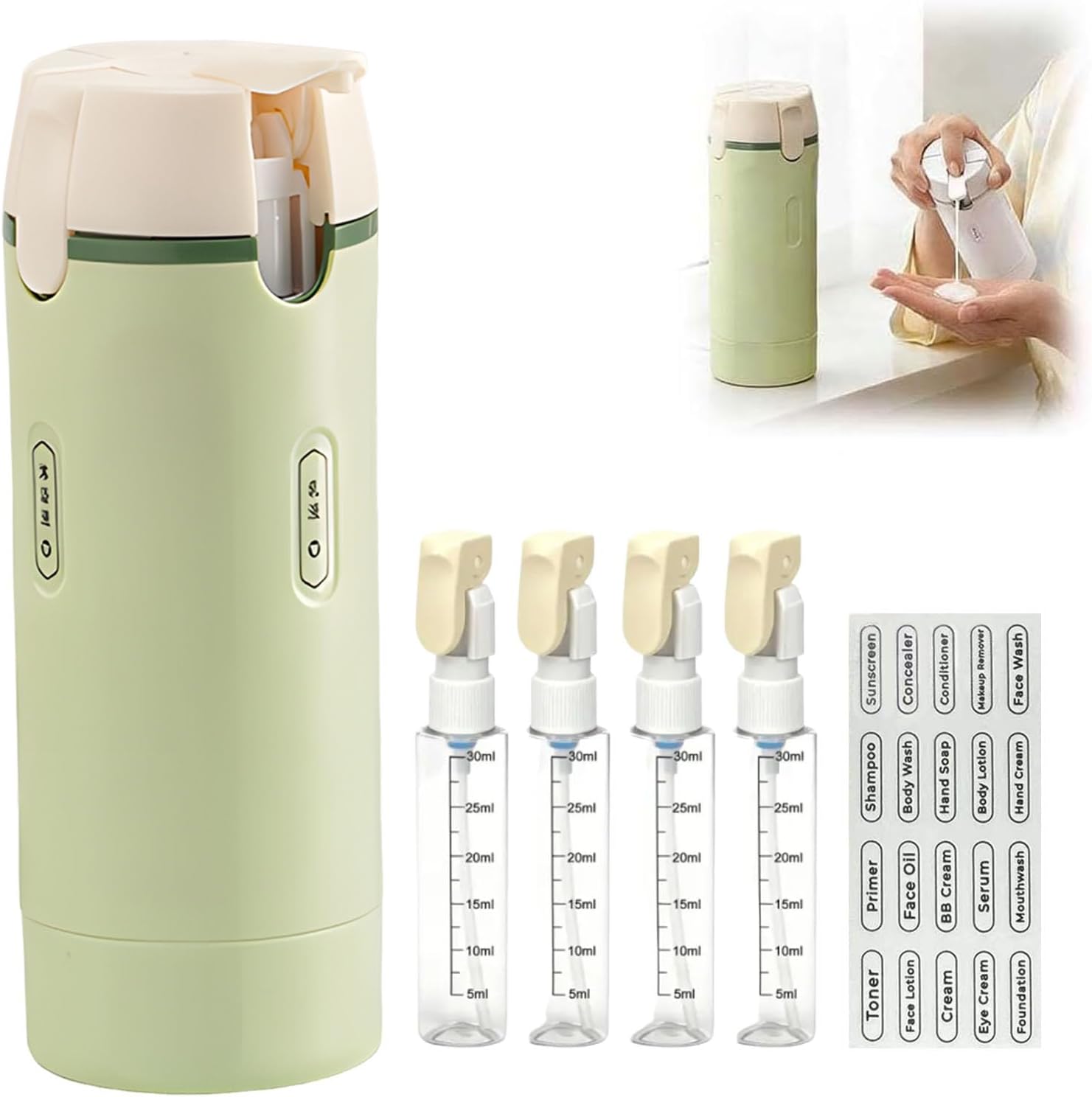 4 in 1 Travel Dispenser Bottles Shampoo Refillable Leak Proof TSA Compliant Size Containers Toiletries Toiletry with Pump Design Portable Organizer Conditioner Lotion Cream Vacation