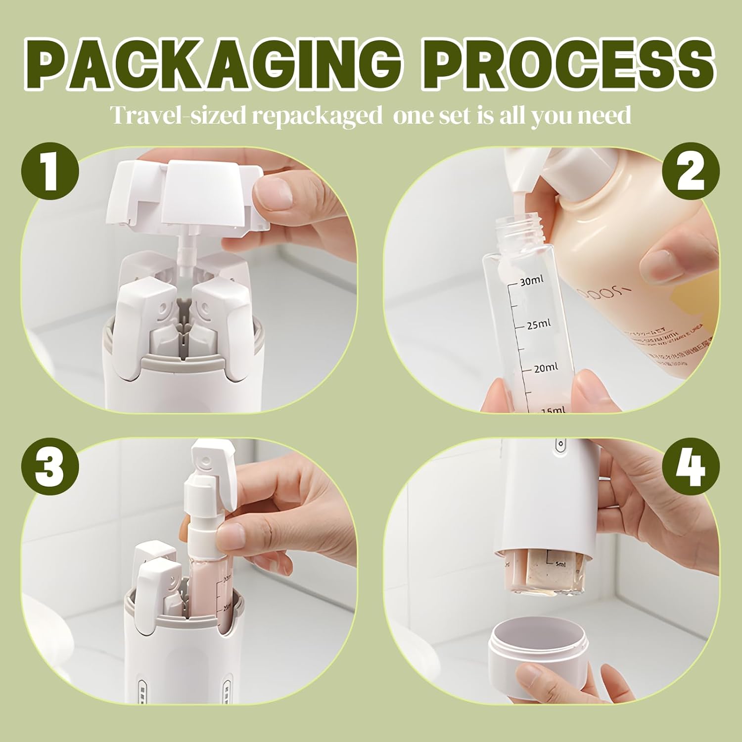 4 in 1 Travel Dispenser Bottles Shampoo Refillable Leak Proof TSA Compliant Size Containers Toiletries Toiletry with Pump Design Portable Organizer Conditioner Lotion Cream Vacation
