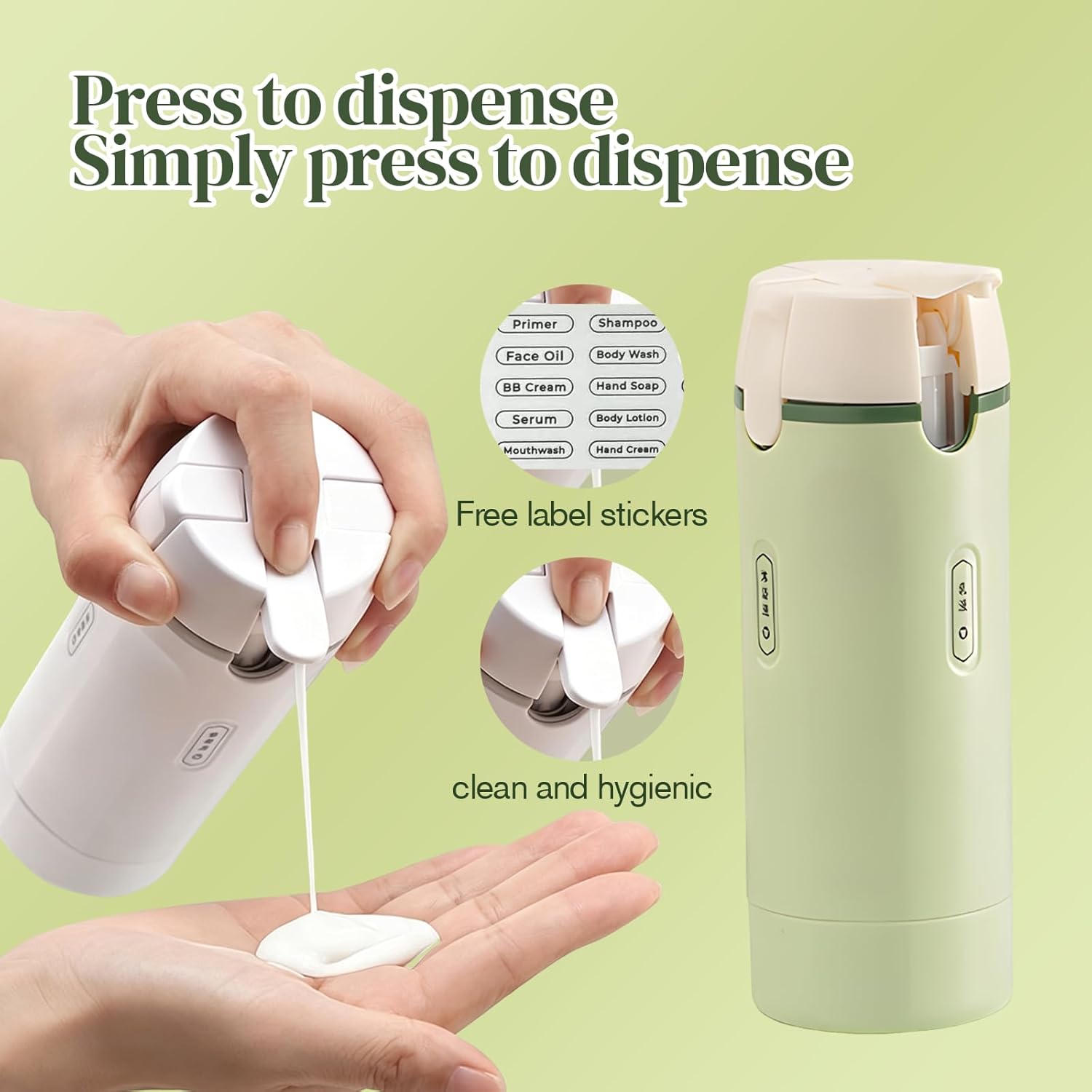 4 in 1 Travel Dispenser Bottles Shampoo Refillable Leak Proof TSA Compliant Size Containers Toiletries Toiletry with Pump Design Portable Organizer Conditioner Lotion Cream Vacation