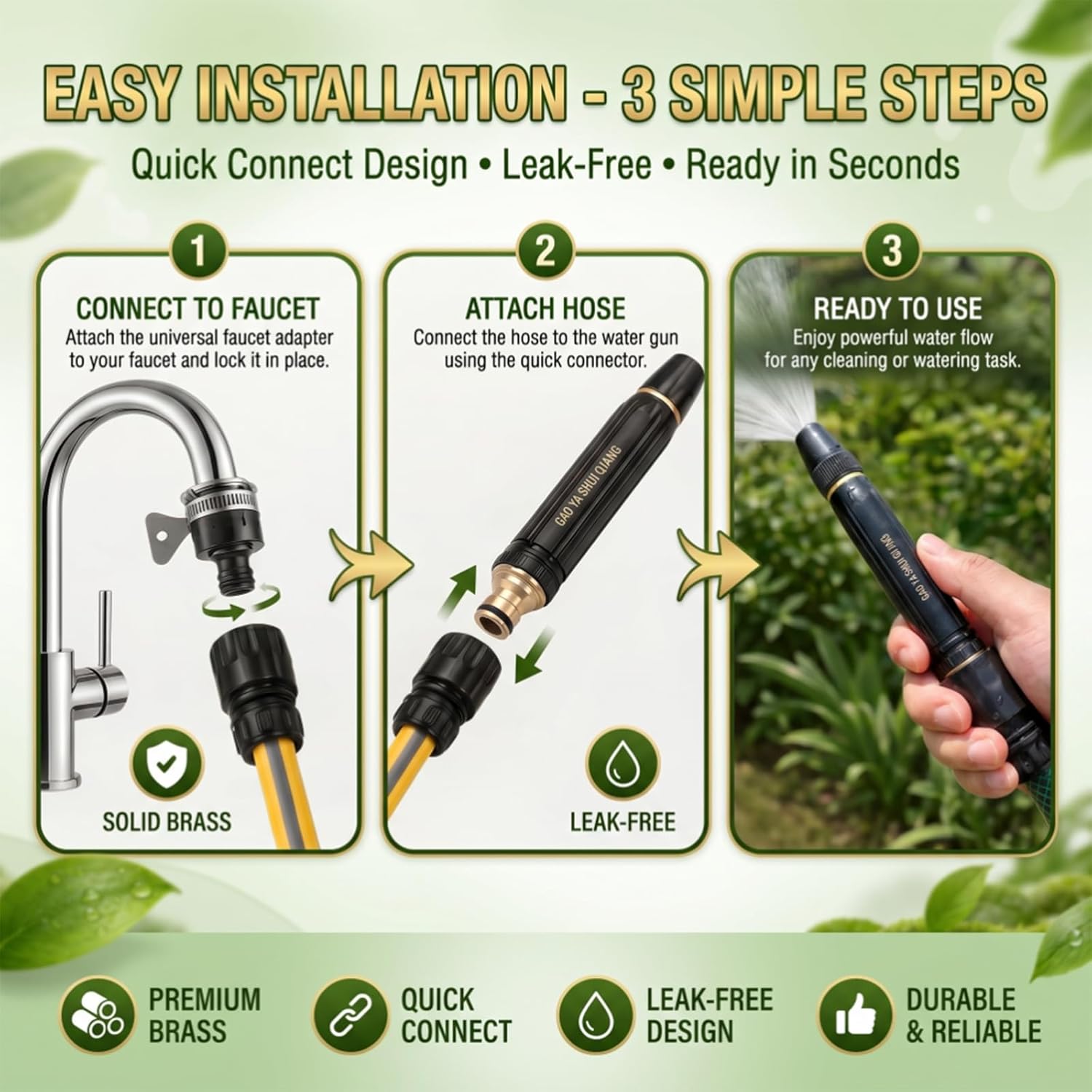 High Pressure Water Gun-5-in-1 Nozzle,Garden Hose Pressure Booster,3000PSI Booster, Heavy Duty for Car Wash, Garden Watering & Outdoor Cleaning