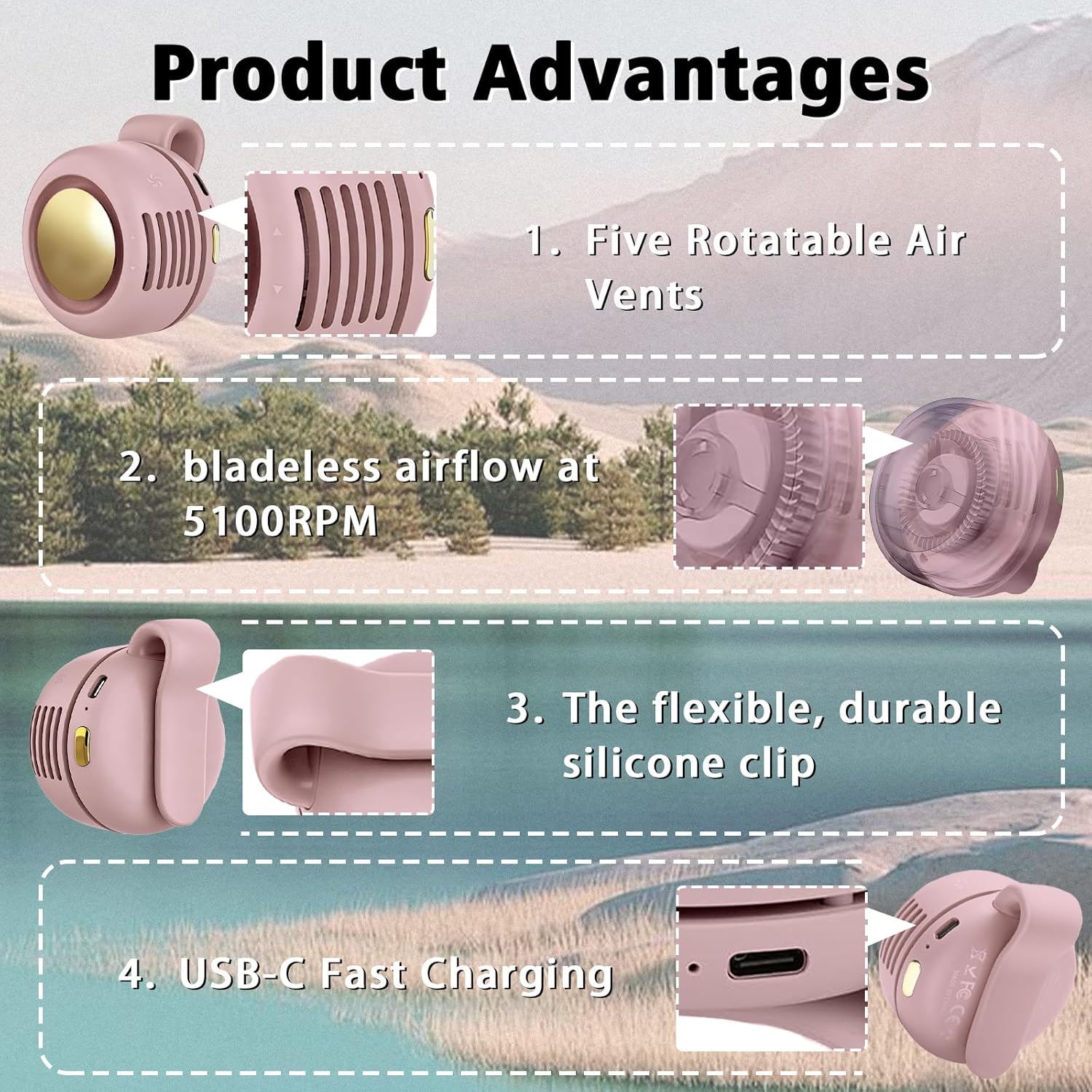 Portable Fan, USB Charging Clip Fan, 3-Speed Silent Mini Fans, 360°Rotating Bladeless Small Fans