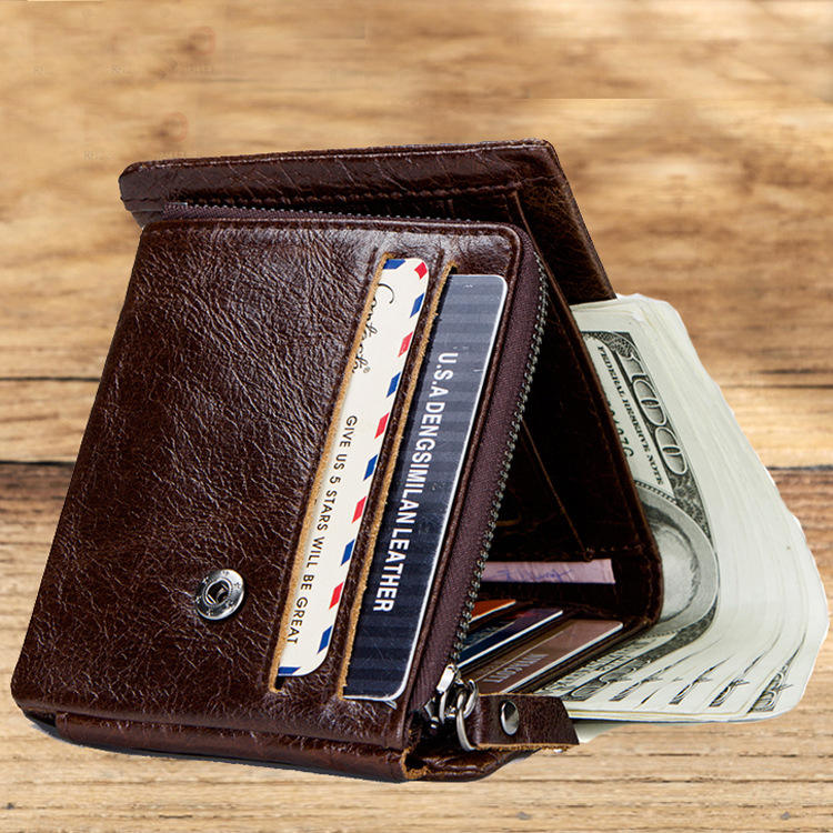 Men's Vintage Genuine Leather Bifold Wallet - Classic Short Wallet with Zipper Coin Pocket, ID Photo Holder & Casual Card Organizer