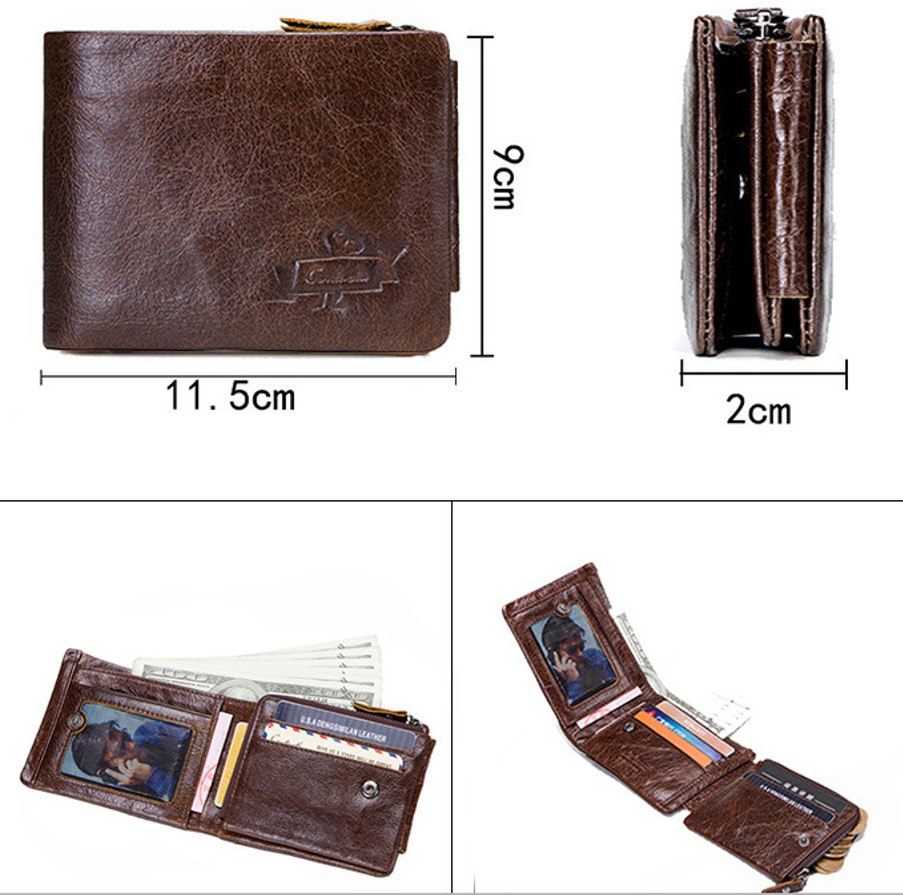 Men's Vintage Genuine Leather Bifold Wallet - Classic Short Wallet with Zipper Coin Pocket, ID Photo Holder & Casual Card Organizer