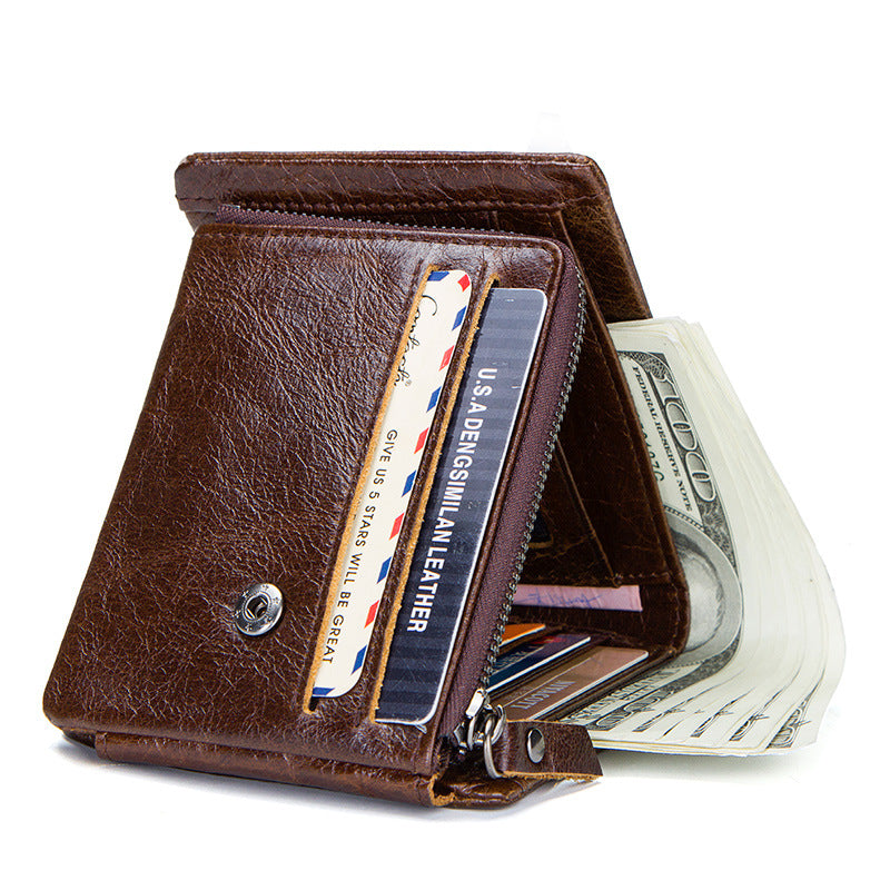 Men's Vintage Genuine Leather Bifold Wallet - Classic Short Wallet with Zipper Coin Pocket, ID Photo Holder & Casual Card Organizer